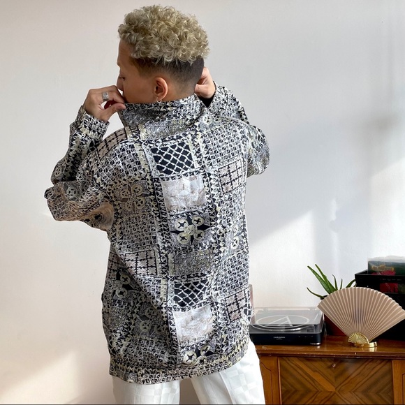 80s Golden Geometric Print Silk Bomber Windbreaker - Picture 3 of 4